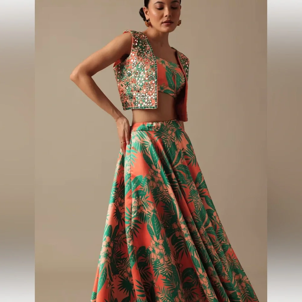 Kalki Orange and Green Embellished Lehenga Set - Picture 5 of 13